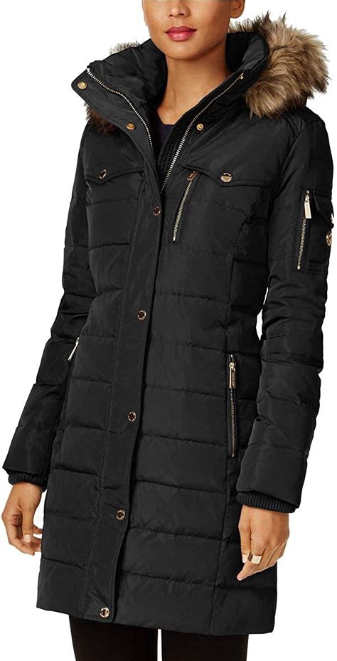 michael kors black puffer coat with leather trim|Michael Kors lightweight puffer coats.